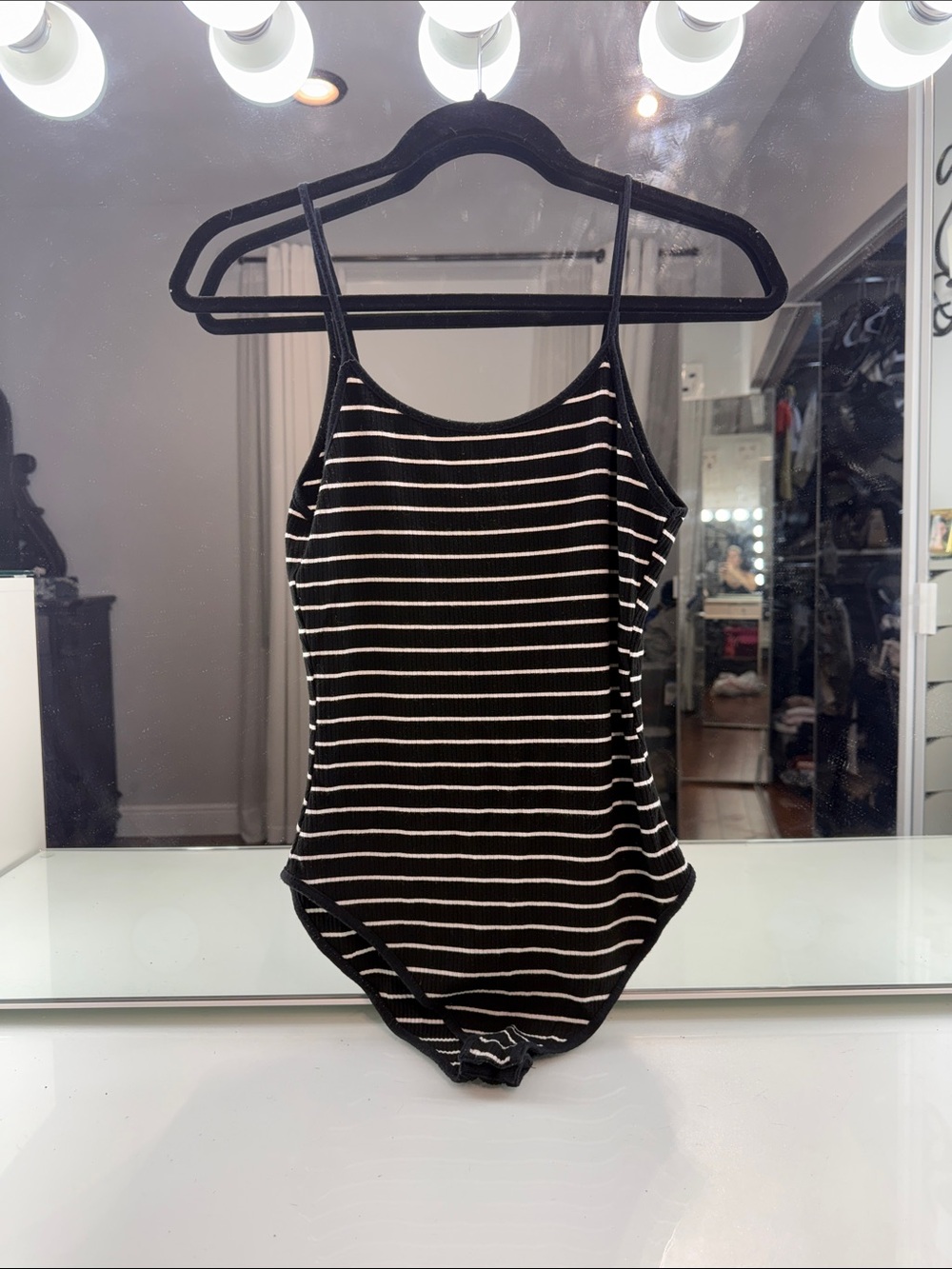 Black and White Striped One-Piece, low back